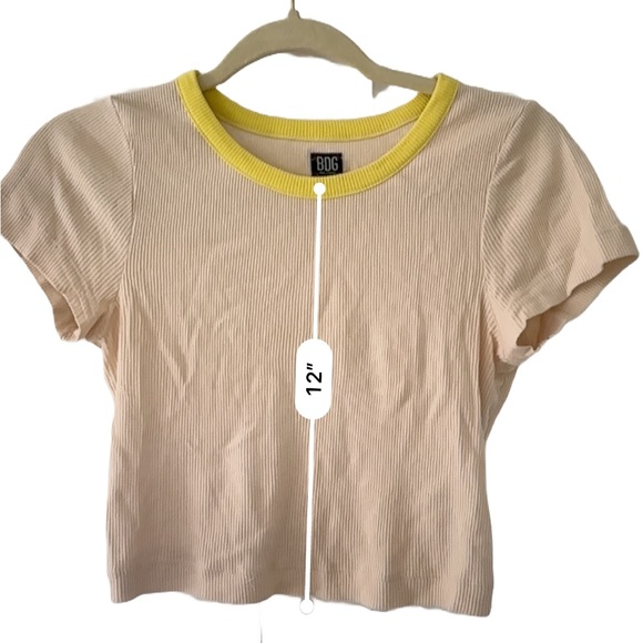 Urban Outfitters Ribbed Baby Tee | Tan with Yellow Neckline - Picture 2 of 2